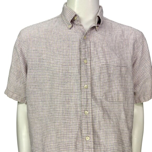 Brooks Brothers 346 Mens Linen Shirt Yellow Pink Check Short Sleeve Size L - Picture 4 of 12